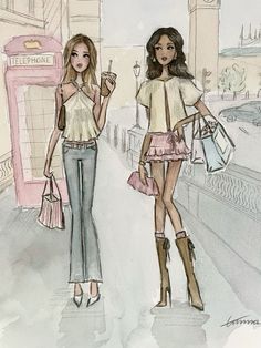 two women are walking down the street with shopping bags and purses in their hands