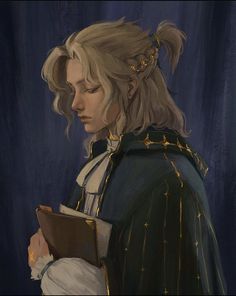 a painting of a woman with blonde hair wearing a blue coat and holding a book