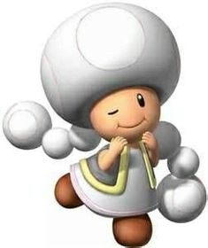 a cartoon character wearing a mushroom hat and holding onto a yellow ribbon while standing in front of a white background