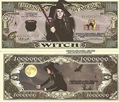 two bills with images of witches on them