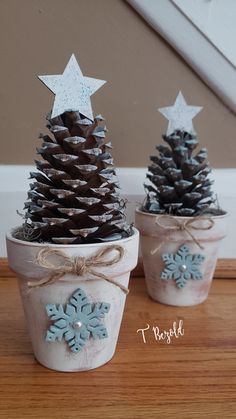 two potted pine cones decorated with snowflakes and stars are sitting on a table