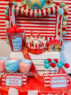 an assortment of candy and candies on display at a circus themed birthday party or baby shower