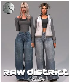 two women standing next to each other in front of a gray background with the words raw district collection