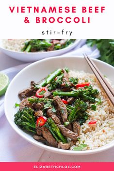 beef and broccoli stir - fry with chopsticks in a white bowl