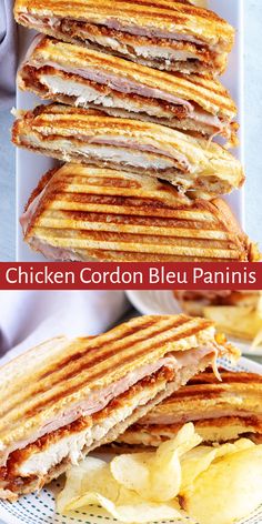 chicken cordon bleu panini cut in half and served with potato chips