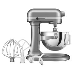 an image of a silver mixer and attachments on a white background with clipping for text