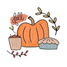 a drawing of a pumpkin and cupcake with the word fall written on it's side