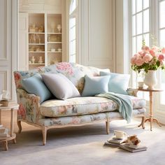 a living room filled with furniture and flowers