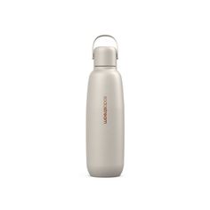 thermos stainless steel water bottle is shown on a white background with red lettering