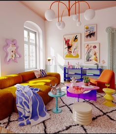 a living room filled with lots of colorful furniture