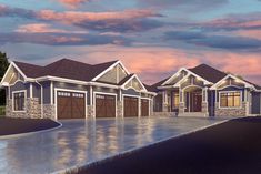 this is an artist's rendering of these garages and apartment buildings in the evening