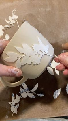 Tamara Bryan on Instagram: "Some water etching with porcelain. Porcelain and I are getting reacquainted after a long break. It’s such a lovely material but feels so weird after so long with stoneware. Makes me feel like a beginner again and I kind of love that. Water etching works with any kind of plastic based paper for the stencils or you can paint designs with wax. These stencils are from photos of plant shadows I took this summer while hiking." Etched Pottery, Slab Ceramics, So Weird, Pottery Videos