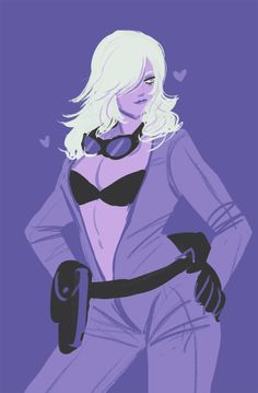 a drawing of a woman with white hair and glasses on her face, wearing a purple suit