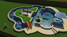 this is an aerial view of a pool and play area in a backyard with artificial grass