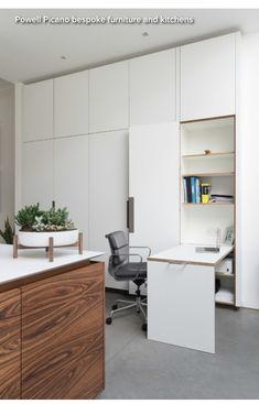 an office with white walls and wooden furniture in the center, along with a planter on the desk