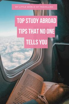 an airplane window with the words top study abroad tips that no one tells you