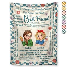 a pillow with two girls on it that says best friend