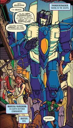 an image of a comic book page with a giant robot in the center and people around it