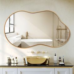 a bathroom with a sink, mirror and bathtub in the middle of the room