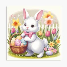 a painting of a white bunny holding an easter basket