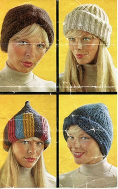 PDF instant download knitting pattern for women's hats.  Four chunky designs: two knitted turbans, a ribbed hat with a nice deep brim, and a fun hat with a sideways knit, striped brim and a pointed crown. Vintage 1970s Sizes: To fit an average size adults head Materials: chunky/bulky yarn NB: the original recommended yarn is discontinued Recommended needle sizes:   Metric 4.5 mm, 5.5 mm +  6.5 mm  Old UK sizes - 7, 5 + 3 US sizes 7, 9 + 10.5 NB: It is essential to knit a tension swatch.  It is i Knit Toque, Vintage Crochet Pattern, Sweater Hat, Turban Hat, Vintage Knitting Patterns, Women's Hats, Bulky Yarn, Hat Knitting Patterns, Cool Hats