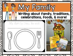 an orange and white poster with the words my family written on it in front of a plate