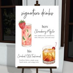 there is a sign with drinks on it that says, signature drinks here's strawberry mojitte