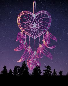 a heart shaped dream catcher hanging in the night sky with stars and trees behind it