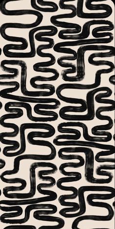 an abstract black and white painting with wavy lines in the middle, on a beige background