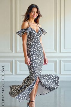 Olivia Mark - Elegant Cold-Shoulder Polka Dot Mermaid Maxi Dress with Ruffled Sleeves and High-Low Hemline Starlit Night, Mermaid Maxi Dress, Bridesmaid Saree, Mermaid Silhouette, Ruffled Sleeves, Polka Dot Pattern, Black Canvas, Olivia Mark, White Polka Dot