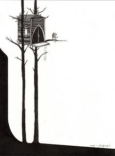 a black and white drawing of a tree house