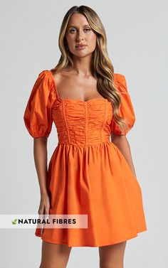 Jellina Mini Dress - Short Puff Sleeve Ruched Bodice Dress in Orange Summer Mini Dress With Puff Sleeves And Ruched Bodice, Vacation Short Sleeve Orange Mini Dress, Summer Orange Puff Sleeve Mini Dress, Orange Short-sleeved Mini Dress For Day Out, Orange Ruched Summer Mini Dress, Dress In, Short Puff Sleeve, Bodice Dress, Ruched Bodice