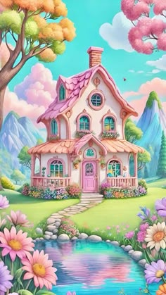 a painting of a house in the middle of a field with flowers and trees around it