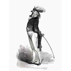 an old drawing of a man dressed in costume with feathers on his head and holding a cane