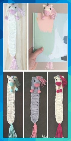 crocheted bookmarks with tassels and pom poms on them