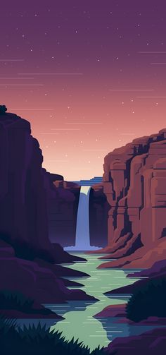 an image of a waterfall at night with stars in the sky