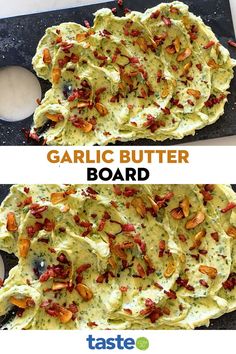 the before and after image of garlic butter board with bacon on top, then topped with melted cheese