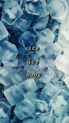 an ice baby is in the middle of many ice cubes with words written on them