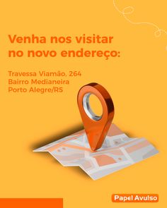 a map with a pin on it and the words vena nos visitar no novo enderco