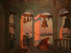 an oil painting of a person sitting on a porch with bells hanging from the ceiling