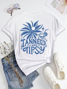 This Summer Holiday Vibes: Women's Slogan Printed Casual T-Shirt is the perfect addition to your summer wardrobe. Made with soft and breathable fabric, it features a fun and trendy slogan print. Stay comfortable and stylish all season long with this must-have t-shirt. Color : Baby Blue Style : Casual Pattern Type : Graphic, Letter, Plants, Slogan Neckline : Round Neck Sleeve Length : Short Sleeve Sleeve Type : Drop Shoulder Length : Regular Fit Type : Regular Fit Fabric : Slight Stretch Material Blue Slogan T-shirt For Summer, Blue Beach T-shirt With Front Print, Fun Summer T-shirt With Text Print, White Print Text T-shirt For Summer, Trendy White Print T-shirt For Vacation, Blue Short Sleeve Slogan T-shirt, Trendy Summer T-shirt With Front Print, Trendy Blue Graphic Print T-shirt, Trendy Blue T-shirt With Front Print