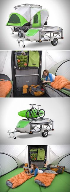 there are three pictures of the inside of a tent with an open bed and bike in it