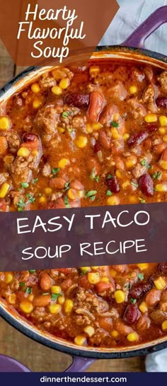 easy taco soup recipe in a pot with text overlay