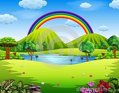 a beautiful green landscape with a rainbow in the sky and flowers on the ground by the river