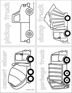 four coloring pages with cars and trucks on them