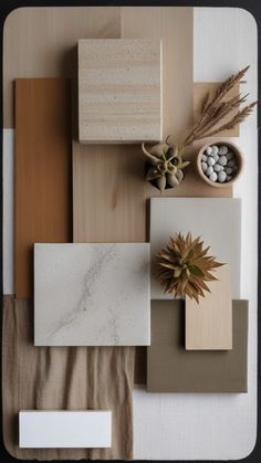 an assortment of different materials are arranged on a table top, including tiles and wood