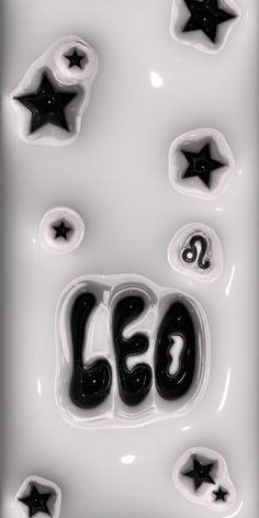 the word leo written in black and white letters surrounded by stars on a white background