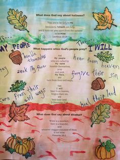 a poster with words written on it that include leaves, acorns and pumpkins