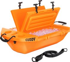 an orange cooler filled with ice and water next to a leash on a white background