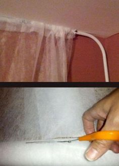 two pictures side by side one with a person cutting something off the wall and the other with an orange handled pair of scissors